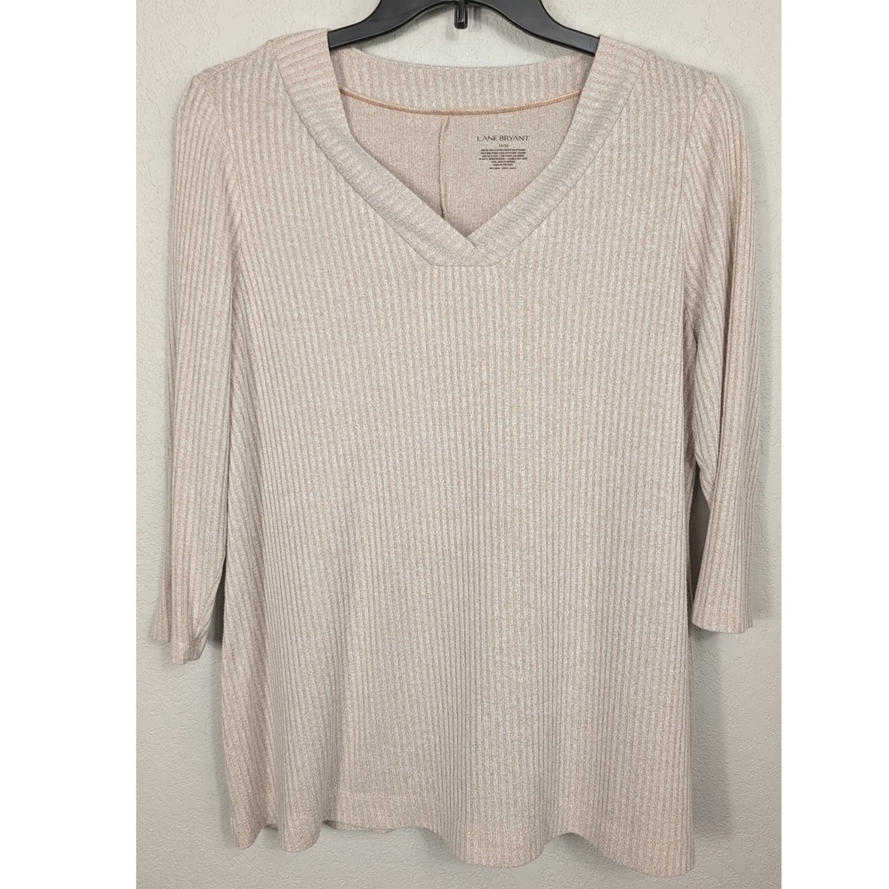 Lane Bryant Top Women 14/16 Beige Ribbed V-Neck 3/4 Sleeve Tunic Relaxed Fit
